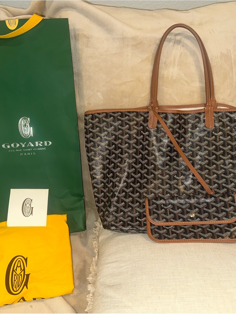 Goyard Brown Goyardine Canvas Tote with Tan Leather Trim